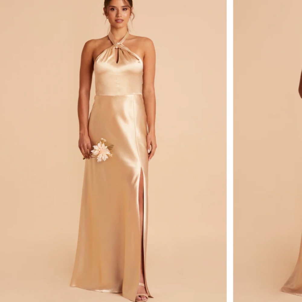 Birdy Grey Monica Long Halter Tie Satin Dress Gold Curve Size Medium. Never worn